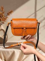 کیف چرم زنانه | دو جیب نارنجی ابر و بادی سنگی | چرم اصل گاوی