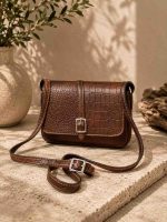 کیف چرم بغل پرچ قهوه ای عنابی سنگی | چرم اصل گاوی