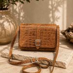 کیف چرم بغل پرچ عسلی ابر و بادی سنگی | چرم اصل گاوی
