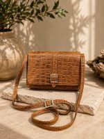 کیف چرم بغل پرچ عسلی ابر و بادی سنگی | چرم اصل گاوی