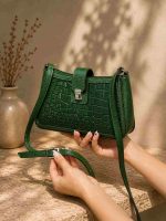 کیف چرم قایقی سبز بدنه لیزارد جلو سنگی | چرم اصل گاوی